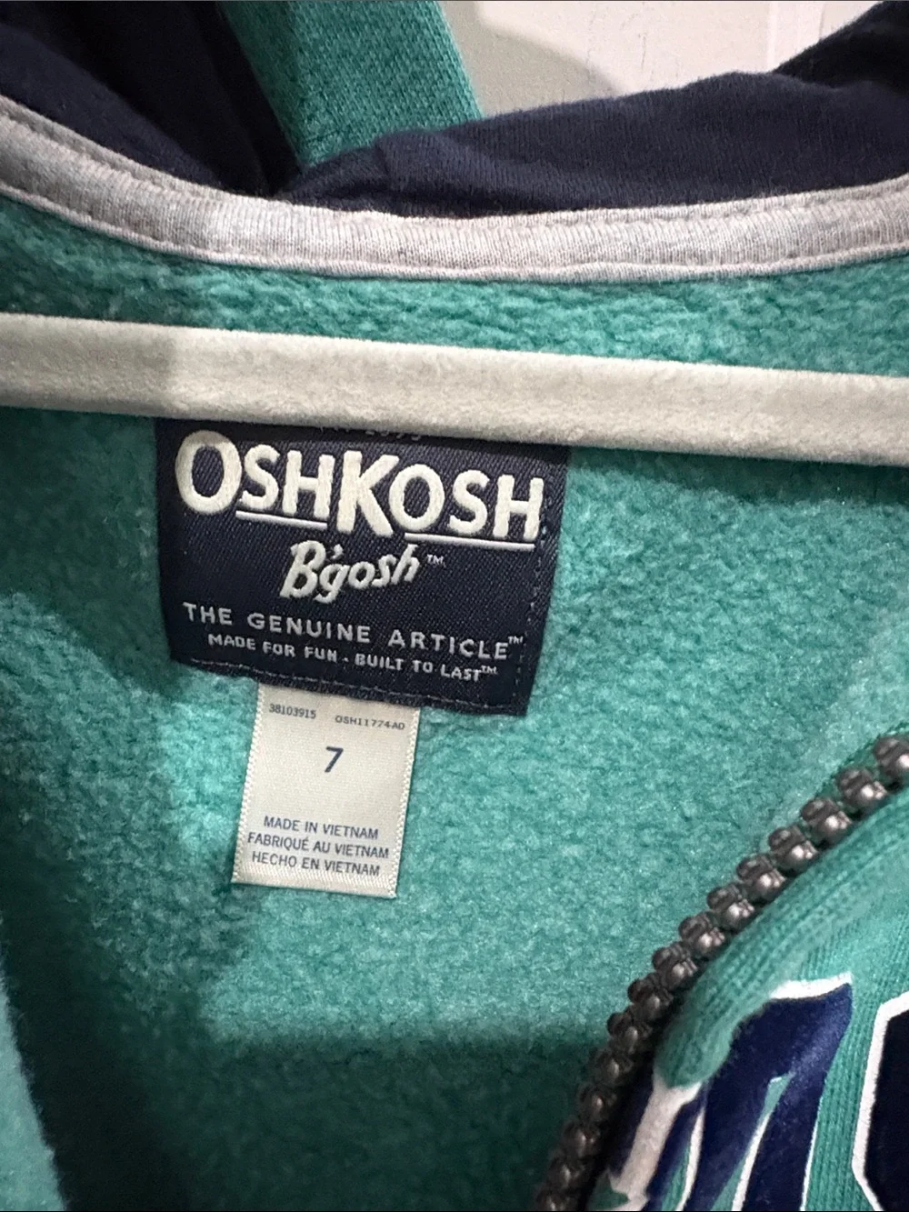OshKosh B'gosh Teal Hooded Zip Sweatshirt with Navy & White Stripes